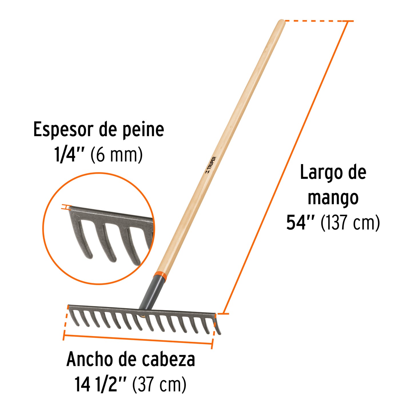 Rastrillo recto 14 dientes mango 54 100493 Truper Pieza