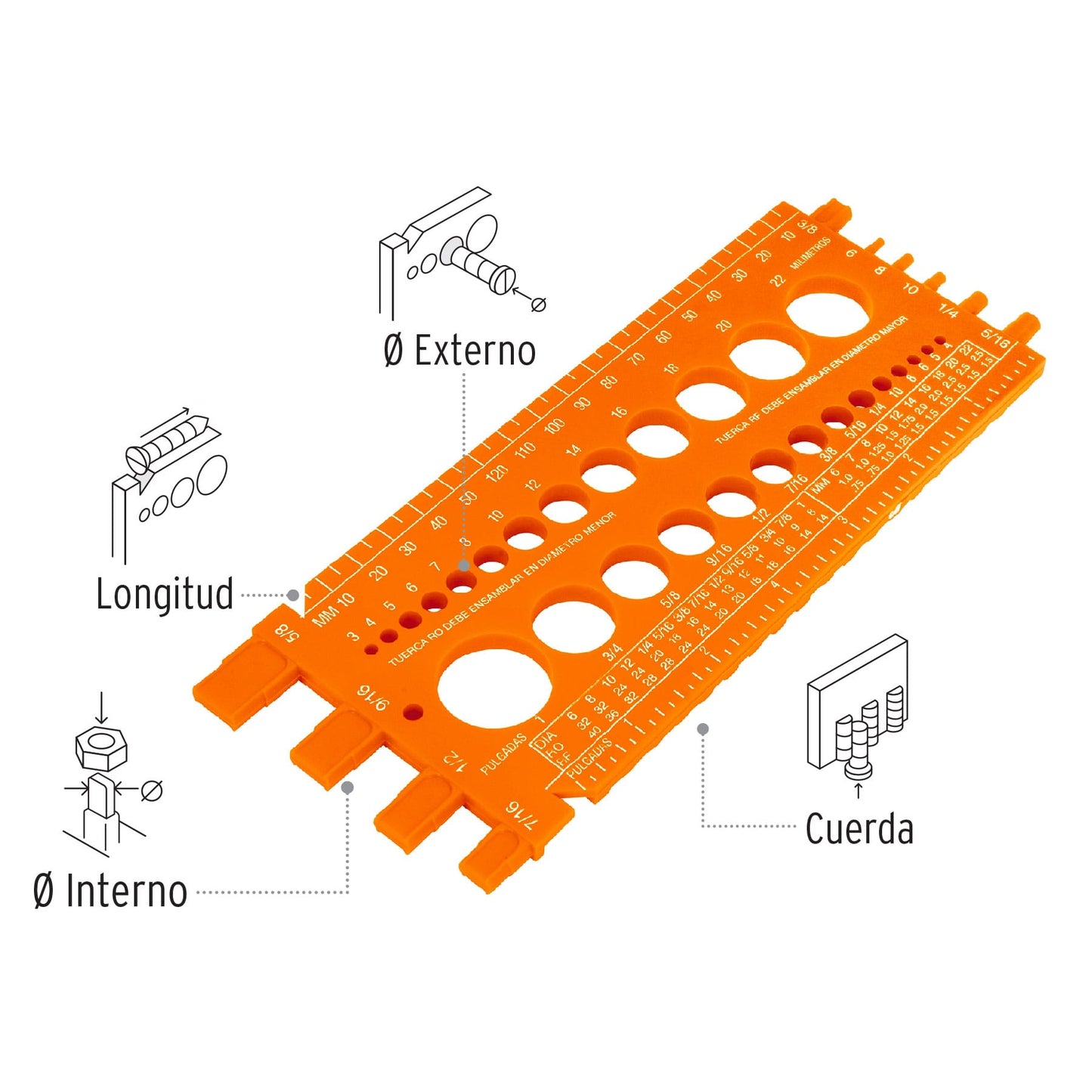 Regleta calibradora de tuercas y tornillos 22 cm 10811 Pieza