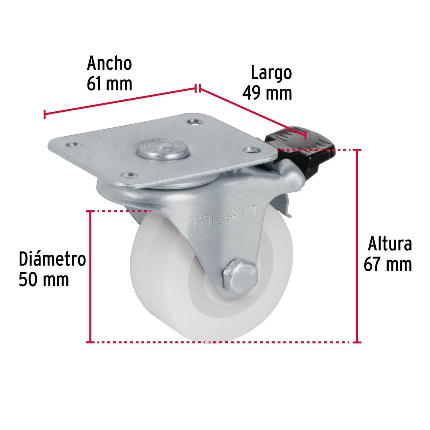 Rodaja de polietileno 2p placa giratoria 22mm con freno 48633 Fiero Pieza