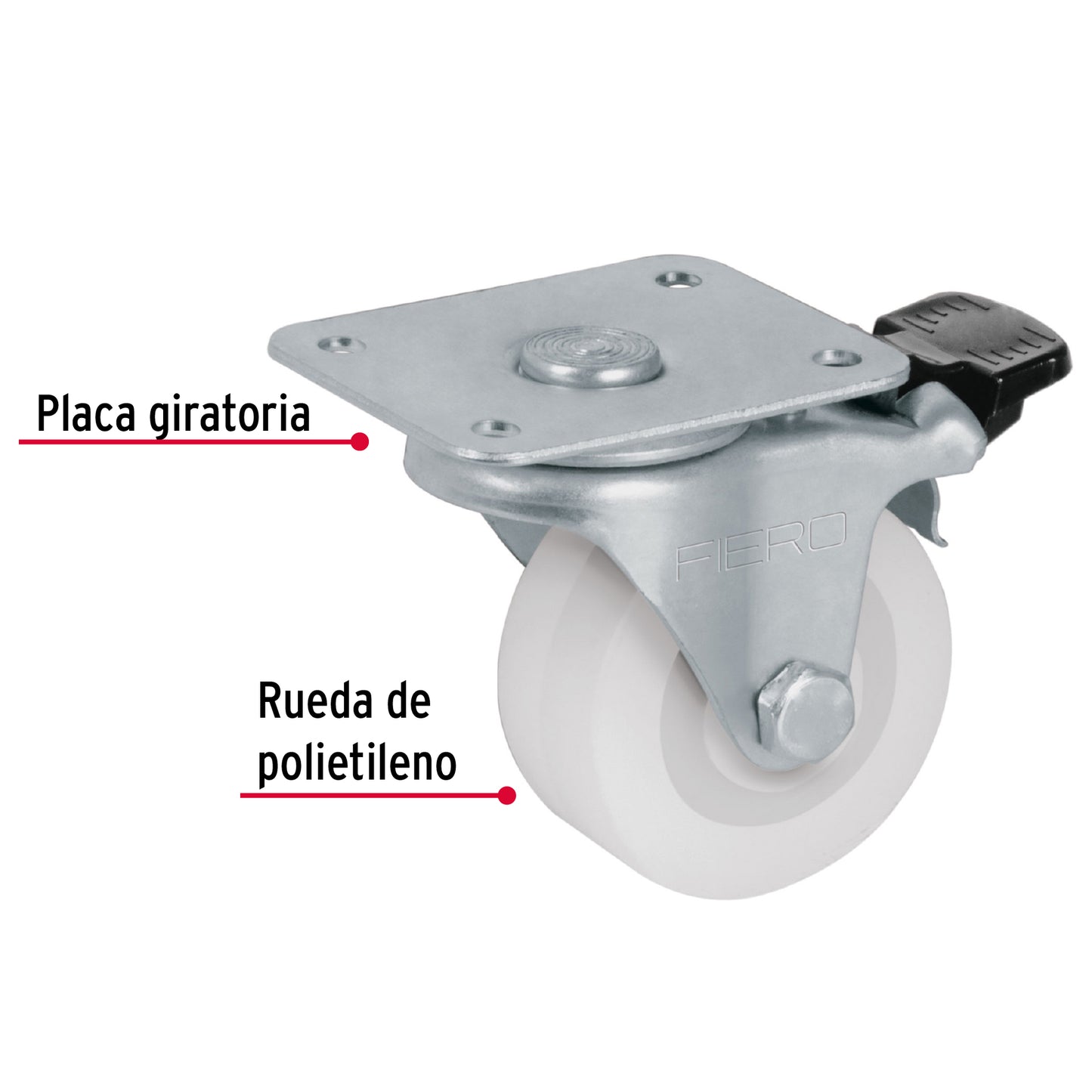Rodaja de polietileno 2p placa giratoria 22mm con freno 48633 Fiero Pieza
