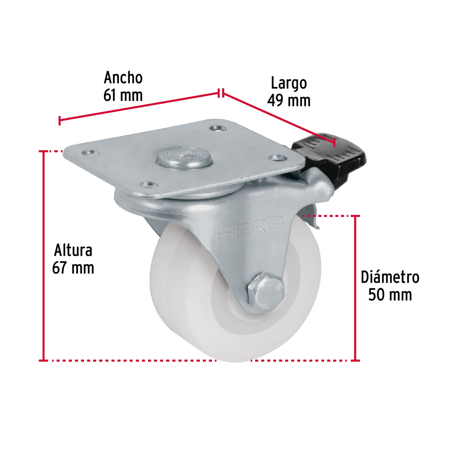 Rodaja de polietileno 2p placa giratoria 22mm con freno 48633 Fiero Pieza