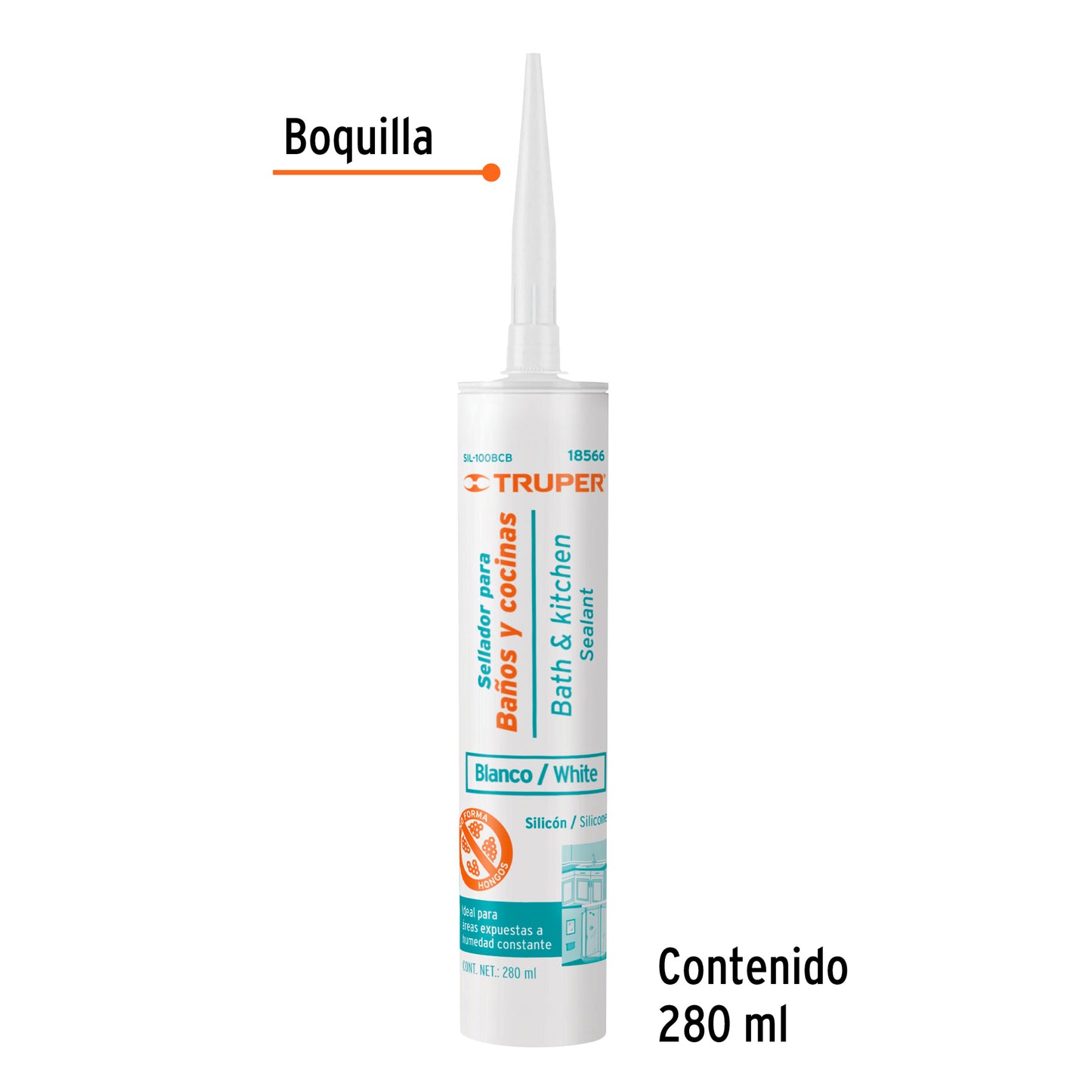 Silicón 100% para baños y cocina blanco 18566 Truper Pieza
