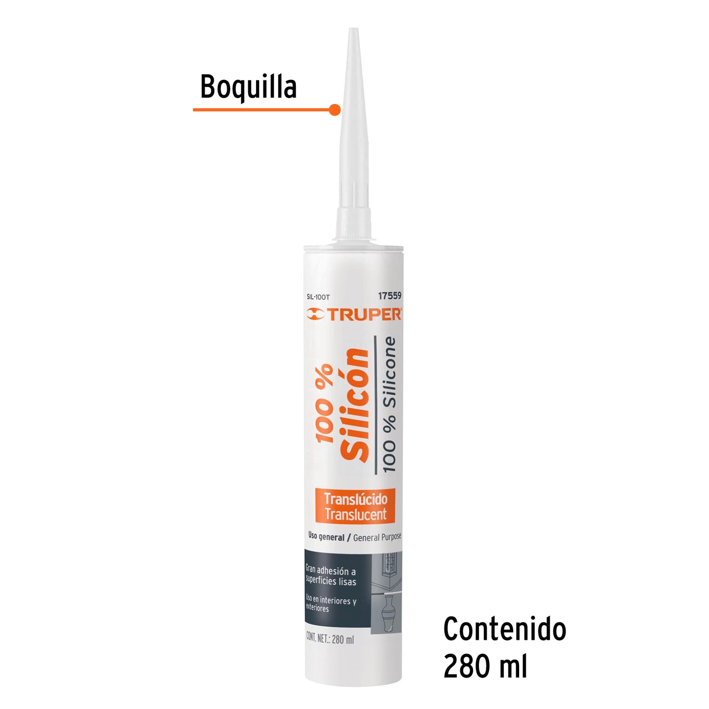 Sellador transparente 100% de silicón 280 ml 17559 Truper Pieza