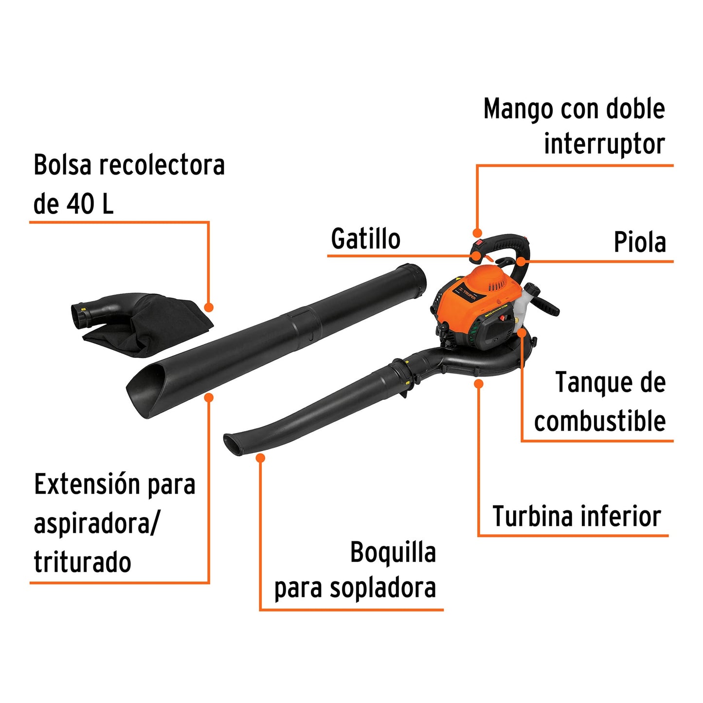 Sopladora aspiradora a gasolina 750w 1hp con bolsa recolectora 13047 Pieza