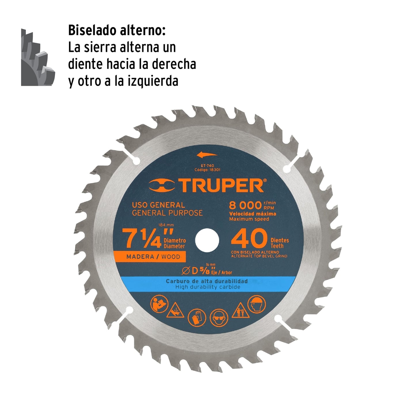 Sierra circular para madera 71/4p 40 dientes centro 5/8p 18301 truper Pieza