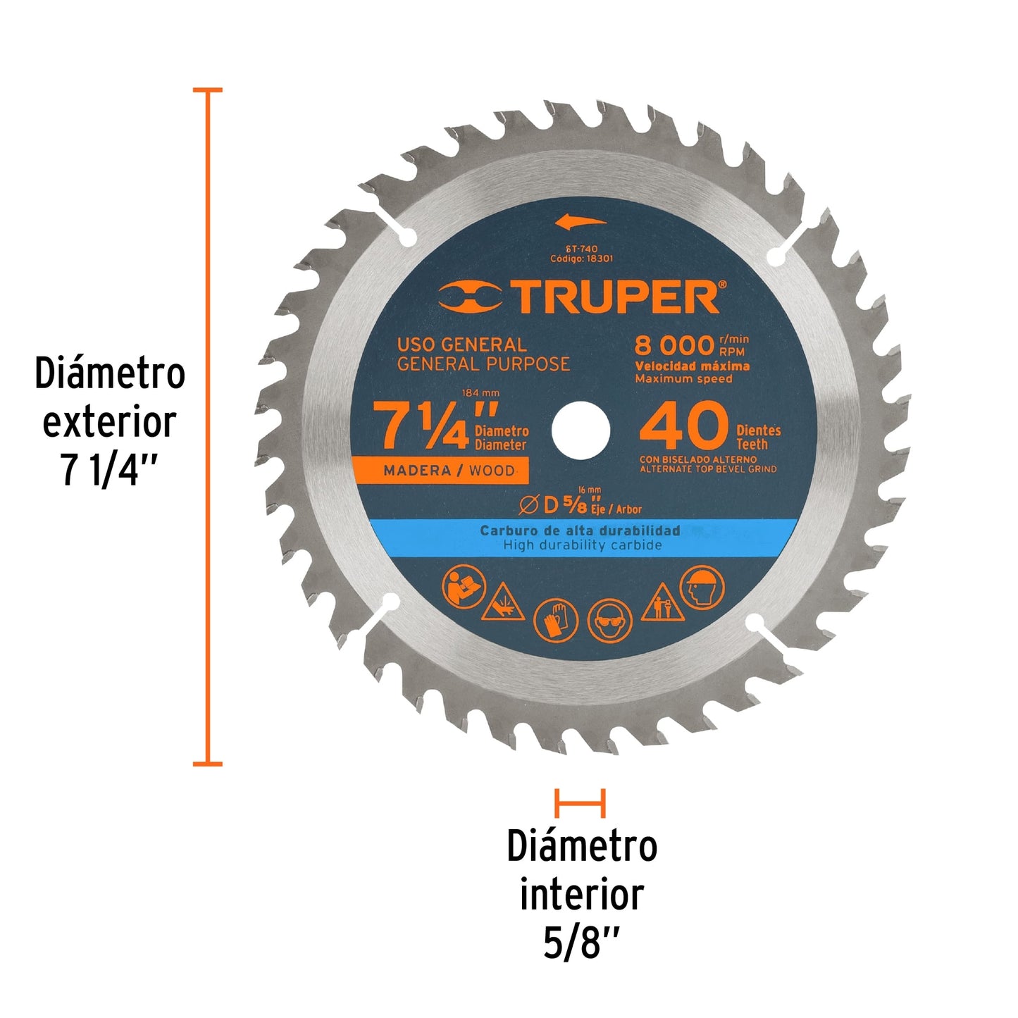 Sierra circular para madera 71/4p 40 dientes centro 5/8p 18301 truper Pieza