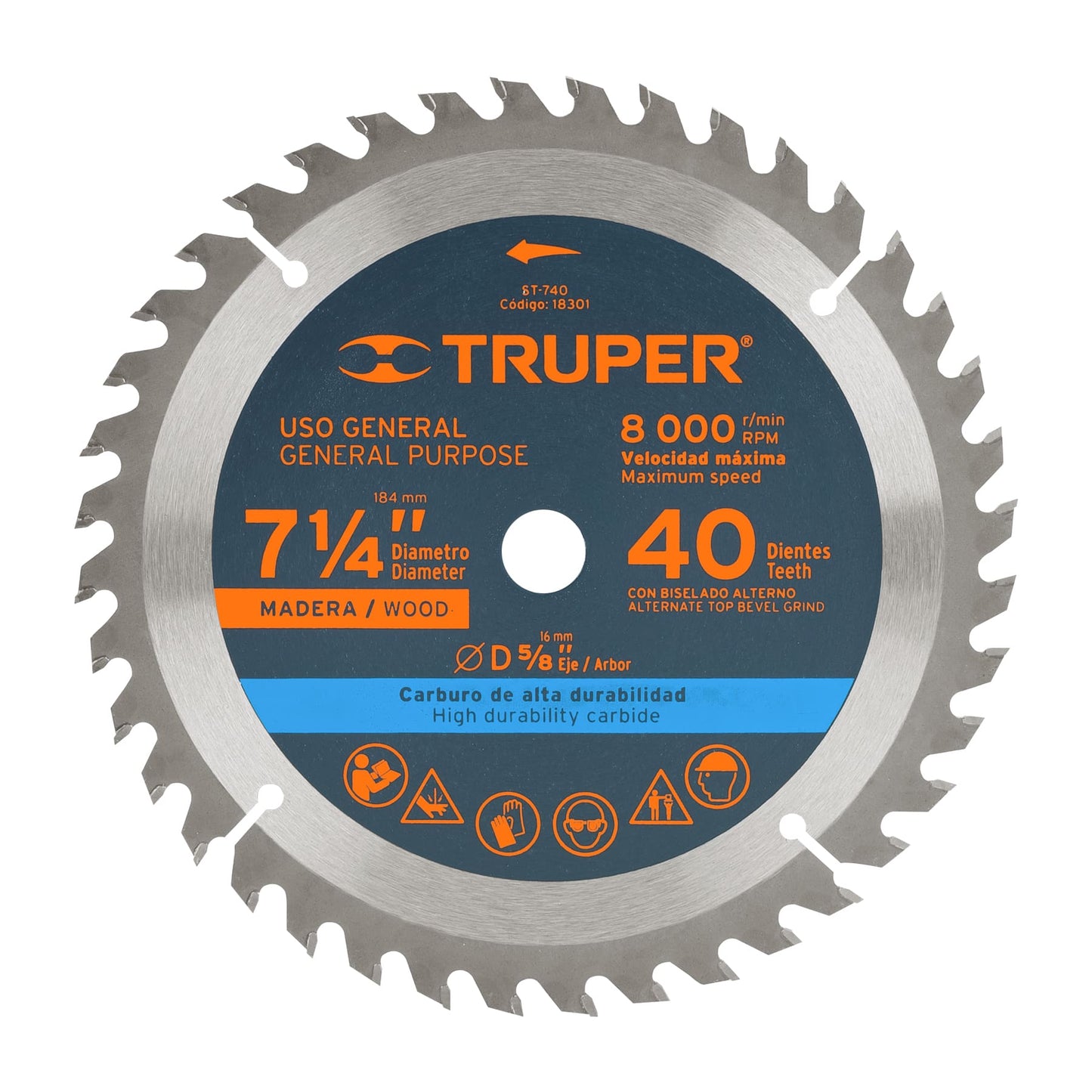 Sierra circular para madera 71/4p 40 dientes centro 5/8p 18301 truper Pieza