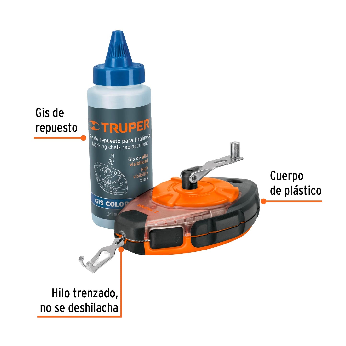 Tiralíneas 100 ft cuerpo plástico incluye gis 18575 Truper Pieza