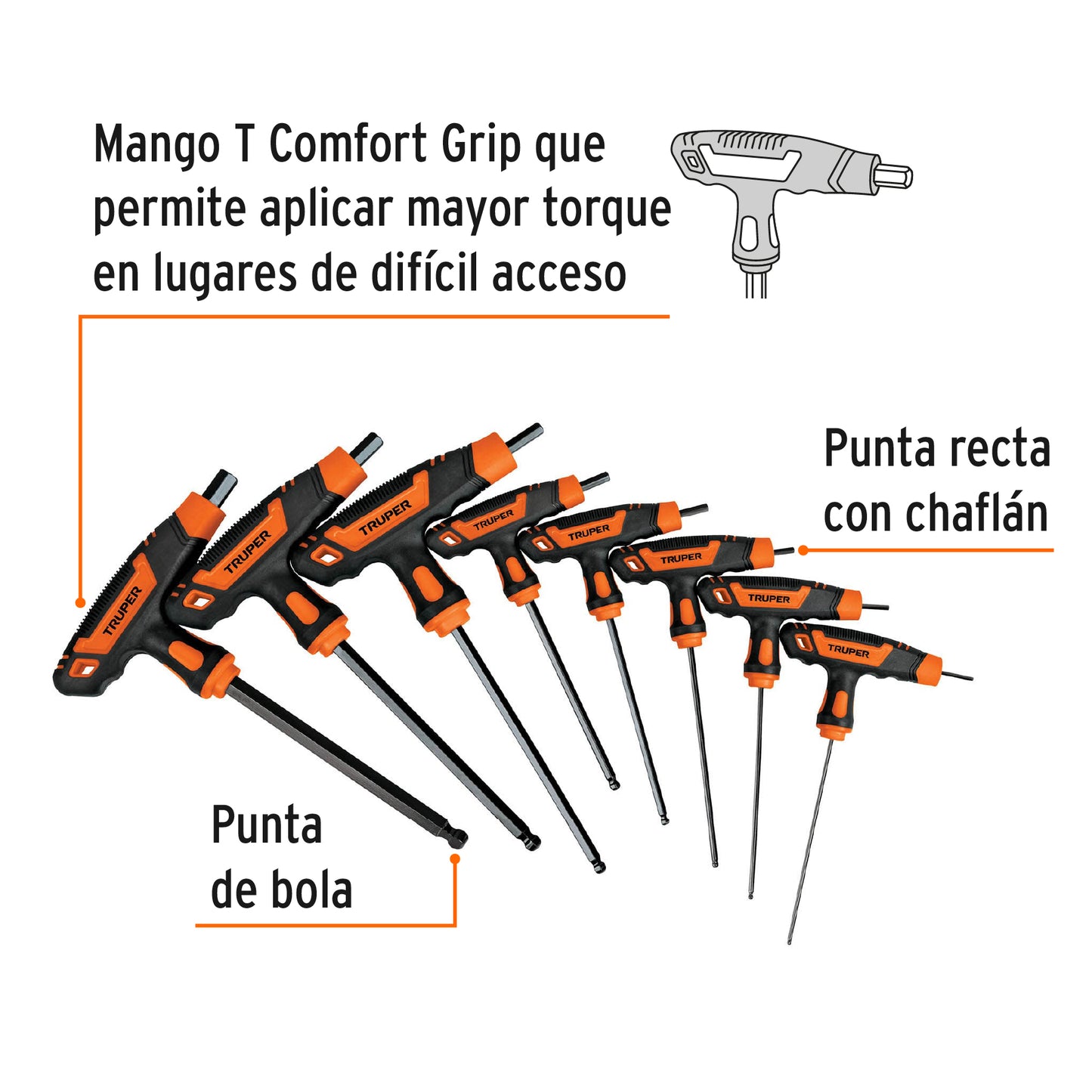 Juego 8 llaves hexagonales mm extralargas mango T, punta bola 100933 Truper