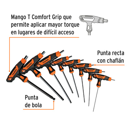 Juego 8 llaves hexagonales mm extralargas mango T, punta bola 100933 Truper