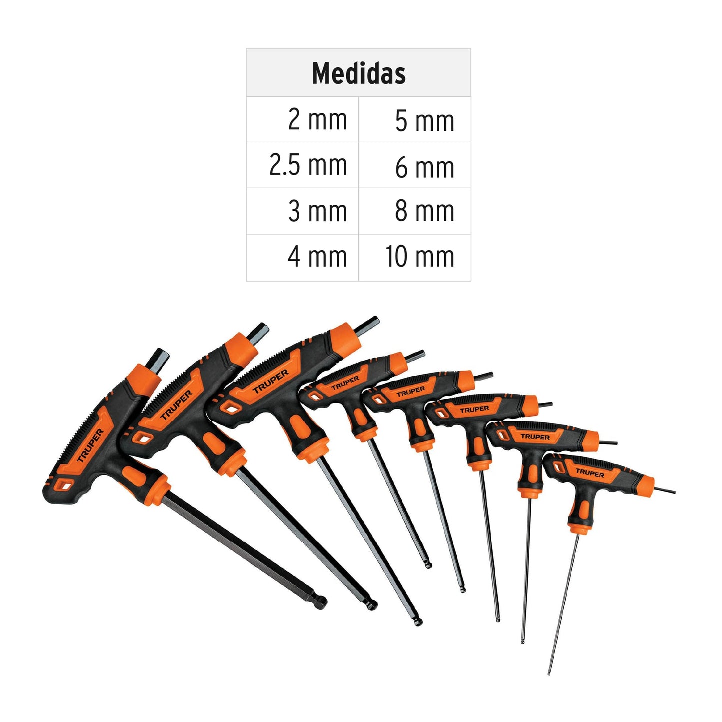 Juego 8 llaves hexagonales mm extralargas mango T, punta bola 100933 Truper
