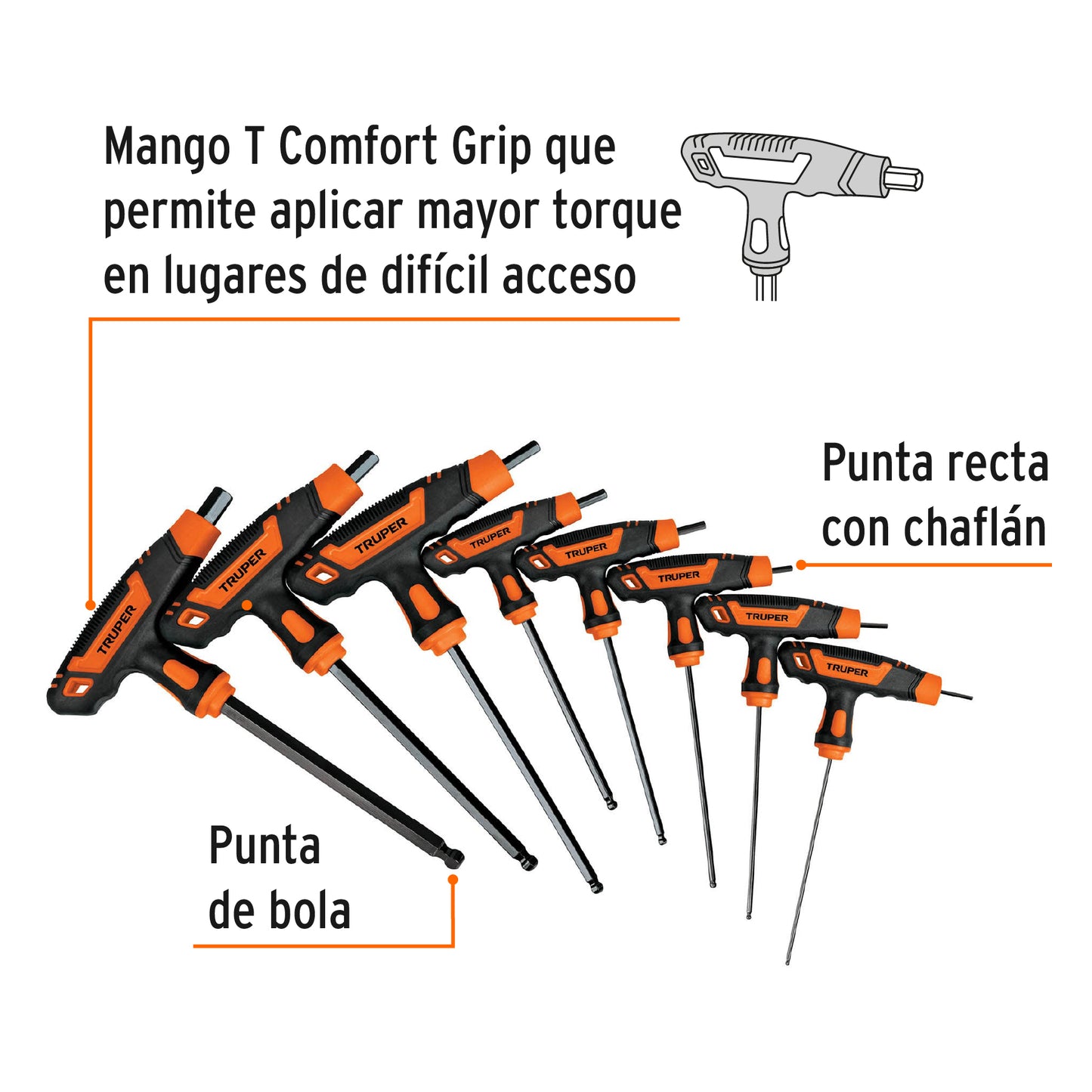 Juego 8 llaves hexagonales std extralarga mango T, punta bola 100934 Truper