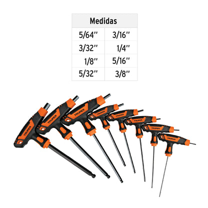 Juego 8 llaves hexagonales std extralarga mango T, punta bola 100934 Truper