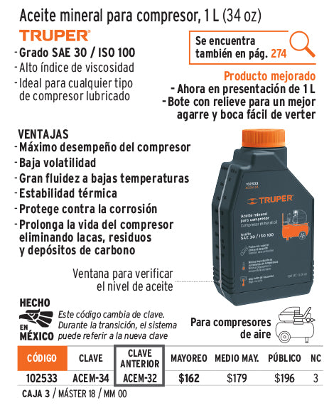 Aceite semi sintético 4 tiempos 946 ml 32 oz Truper 102533 Pieza