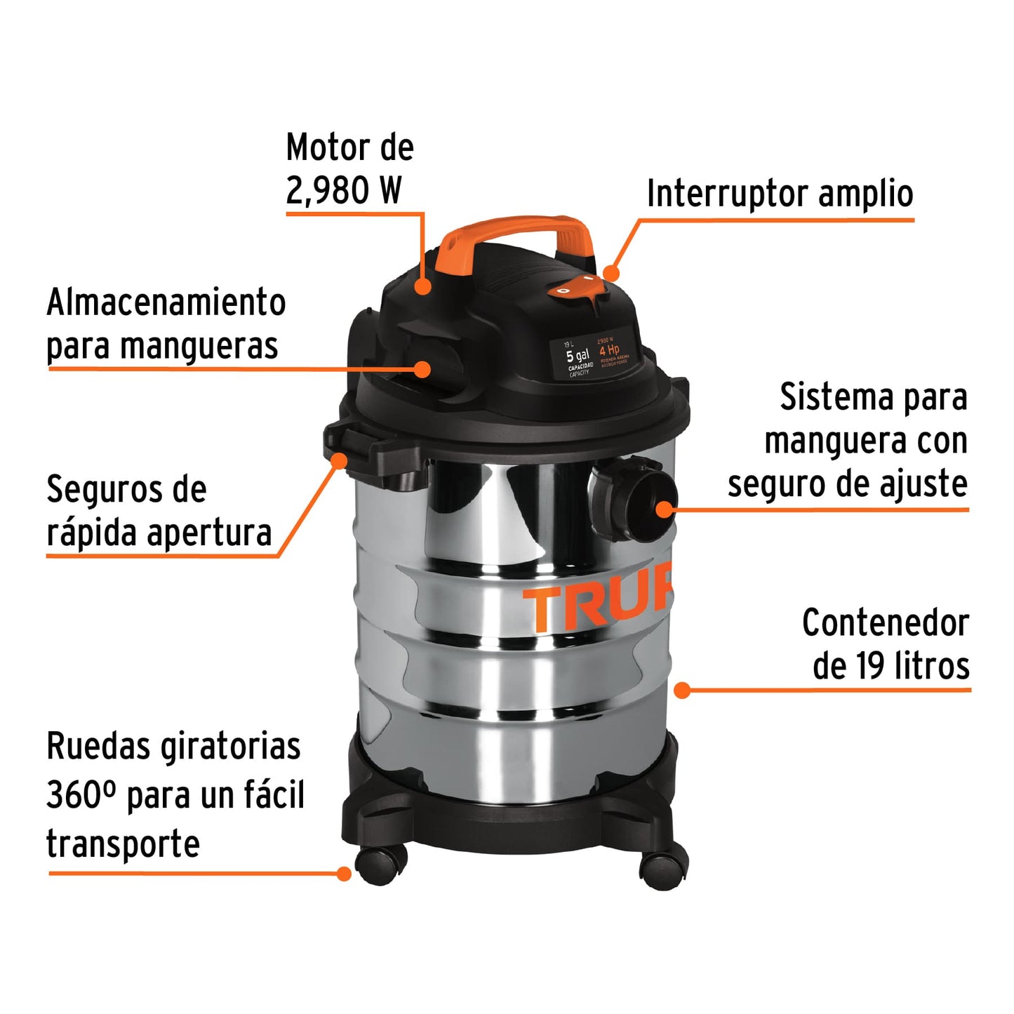 Aspiradora de solidos y liquidos 5 alones acero inox 101523 truper Pieza