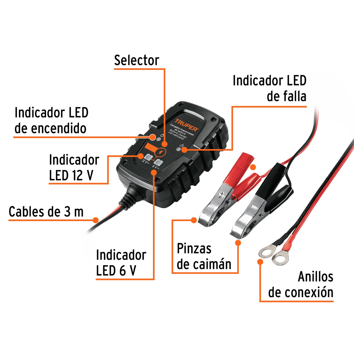 Cargador de 1 amp para baterias de 6 y 12 volts 101610 truper Pieza