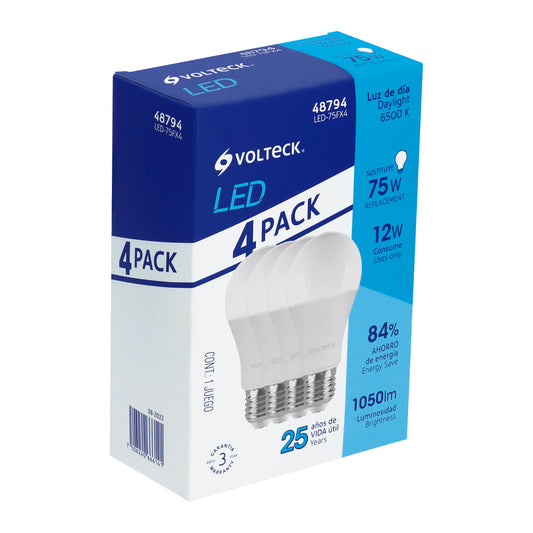 Foco de LED A19 12W E27 luz de dia 4 piezas en caja 48794 Volteck