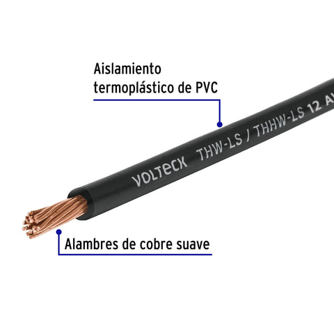 Cable THHW LS 12 AWG color negro rollo 100 m 46052 Volteck Metro