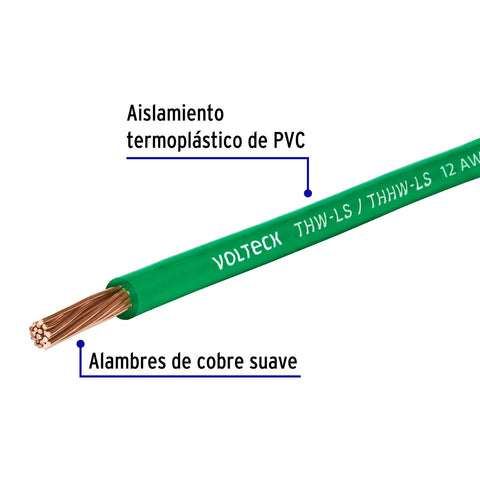 Cable THHW LS 12 AWG color verde rollo 100 m 46064 Volteck Metro