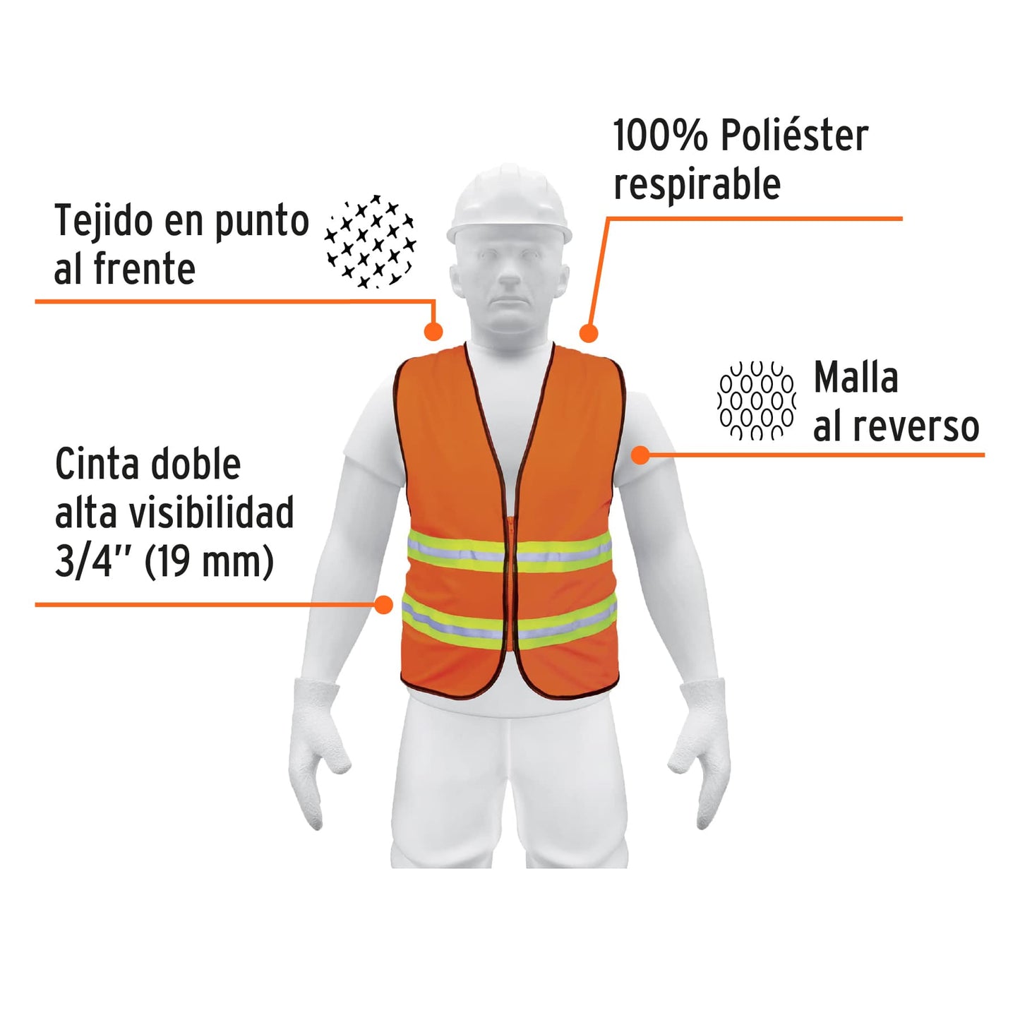 Chaleco de seguridad alta visibilidad con sierre naranja 13473 truper Pieza