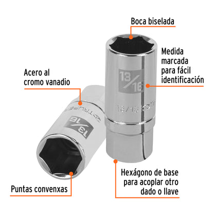 Dado de 6 puntas largas de 13/16p para bujías cuadro 1/2p 13366 Truper Pieza