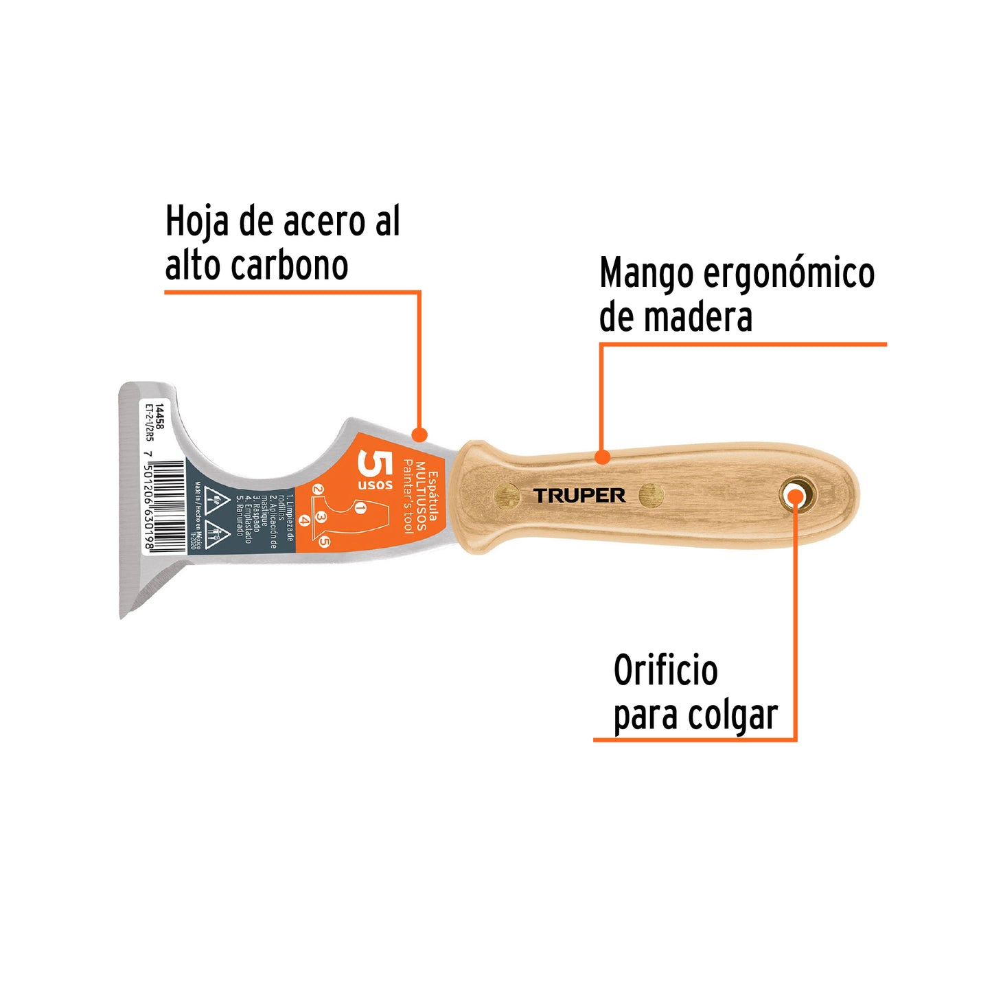 Espatula 2 1/2 mango de madera 5 usos 14458 truper Pieza