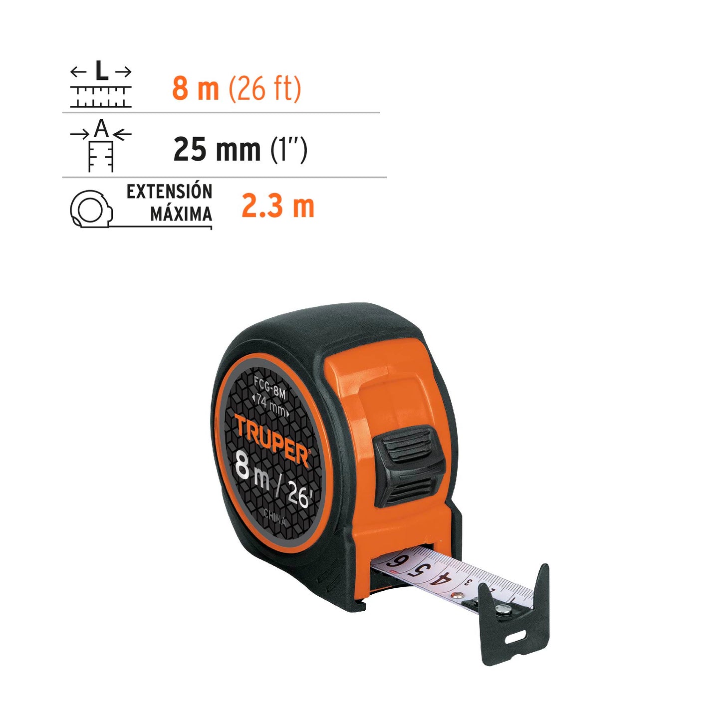 Flexometro compacto con grip 8 mts cinta 1p 12774 truper
