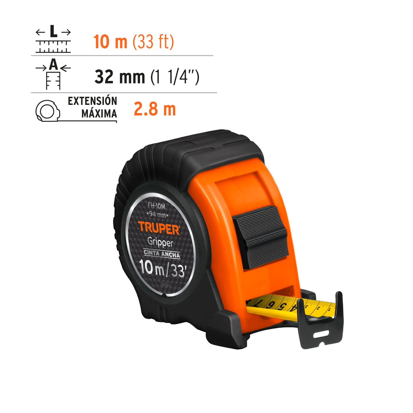 Flexometro griper contra impacto 10 mt cinta 1 1/4 14582 truper Pieza