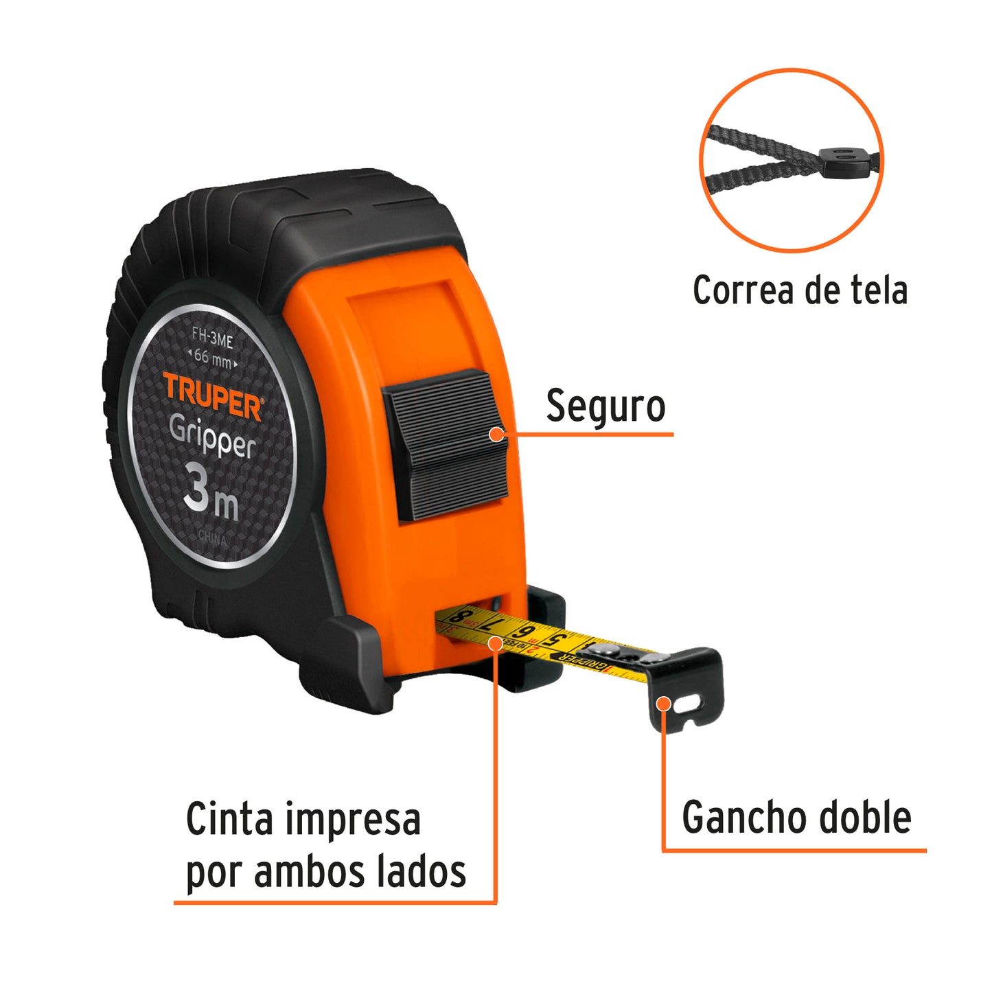 Flexometro contra impacto 3 m 1/2p graduacion metrica truper15387 Pieza