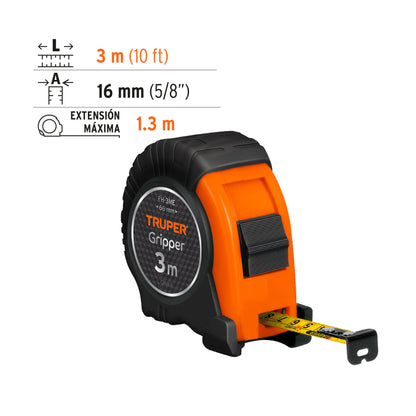 Flexometro contra impacto 3 m 1/2p graduacion metrica truper15387 Pieza