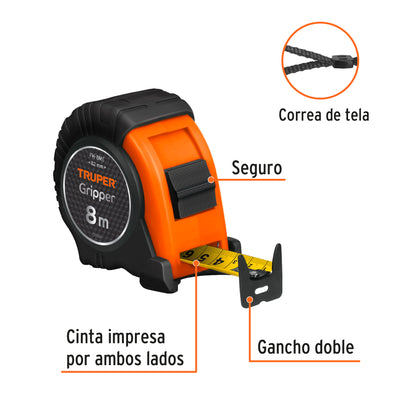 Flexometro contra impacto 8m 1p graduacion metrica truper15389 Pieza