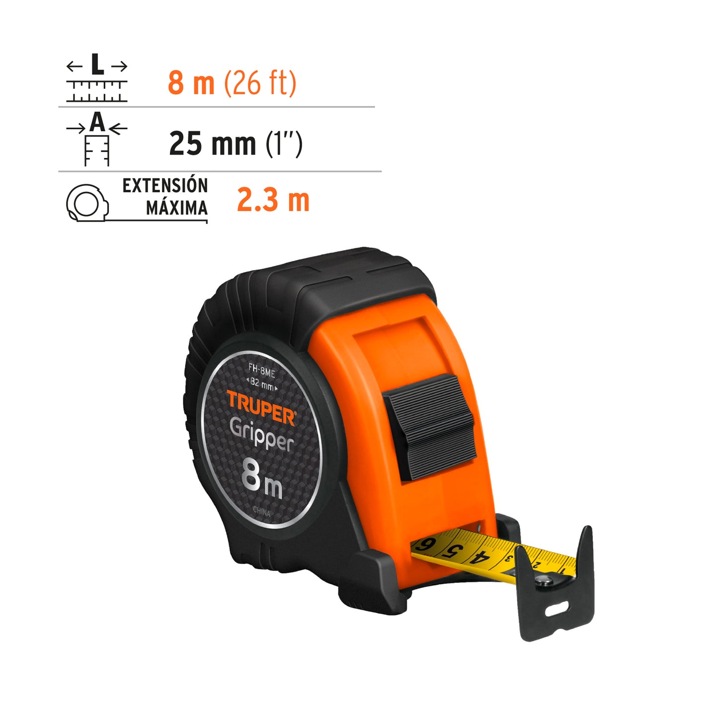 Flexometro contra impacto 8m 1p graduacion metrica truper15389 Pieza