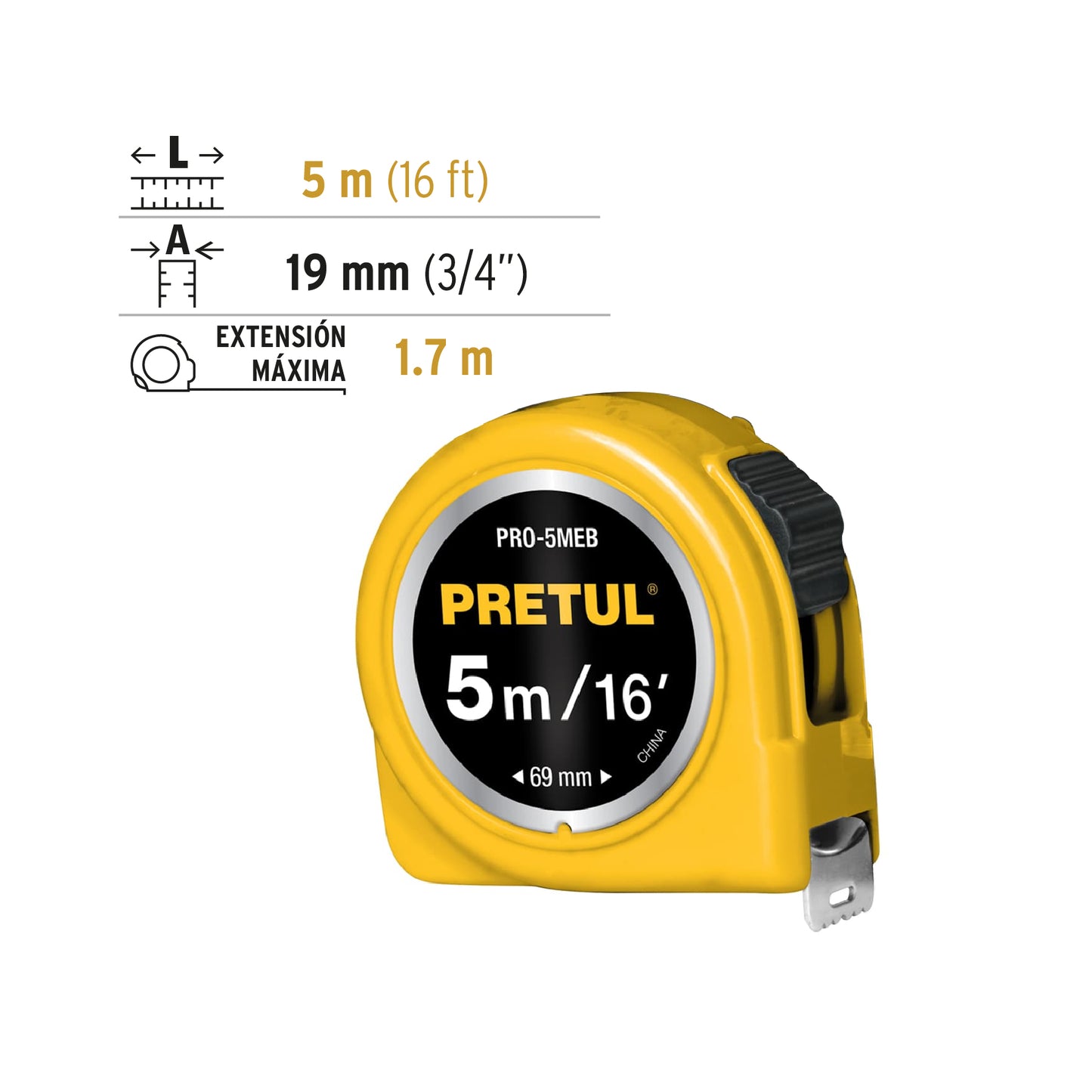 Flexometro 5 mt cinta 3/4 amarillo en tarjeta 21606 pretul Pieza