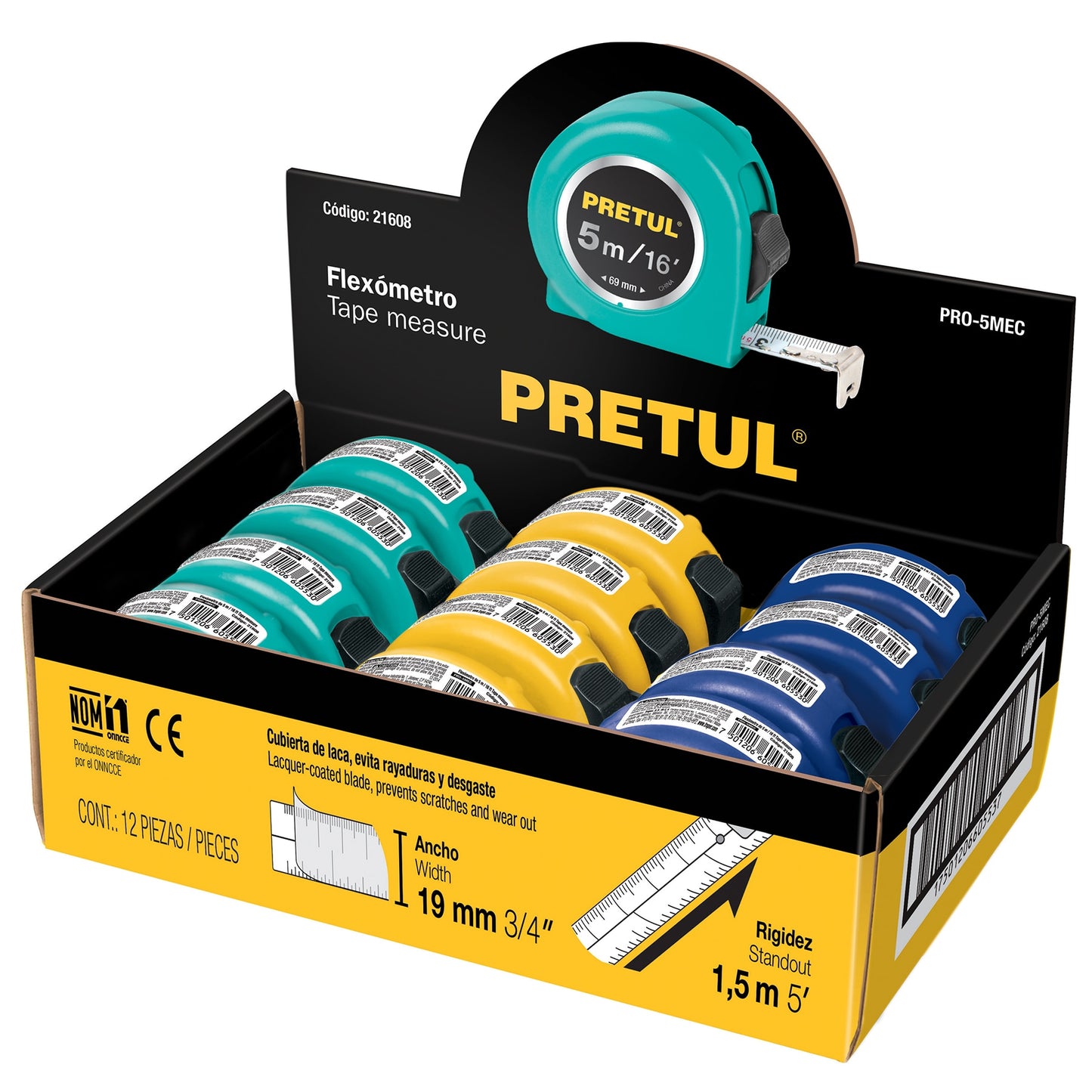 Flexometros 5 m 3/4p en display box 12 piezas pretul pretul Pieza