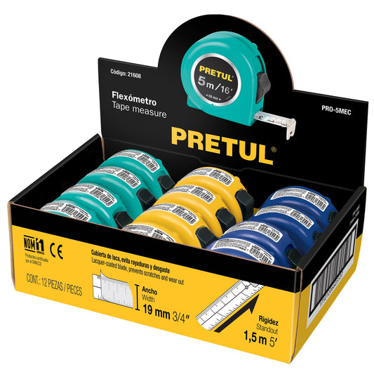 Flexometros 5 m 3/4p en display box 12 piezas pretul pretul Pieza