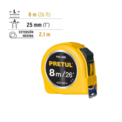 Flexometro amarillo 8m cinta 1p pretul tarjeta plastica pretul21603 Pieza